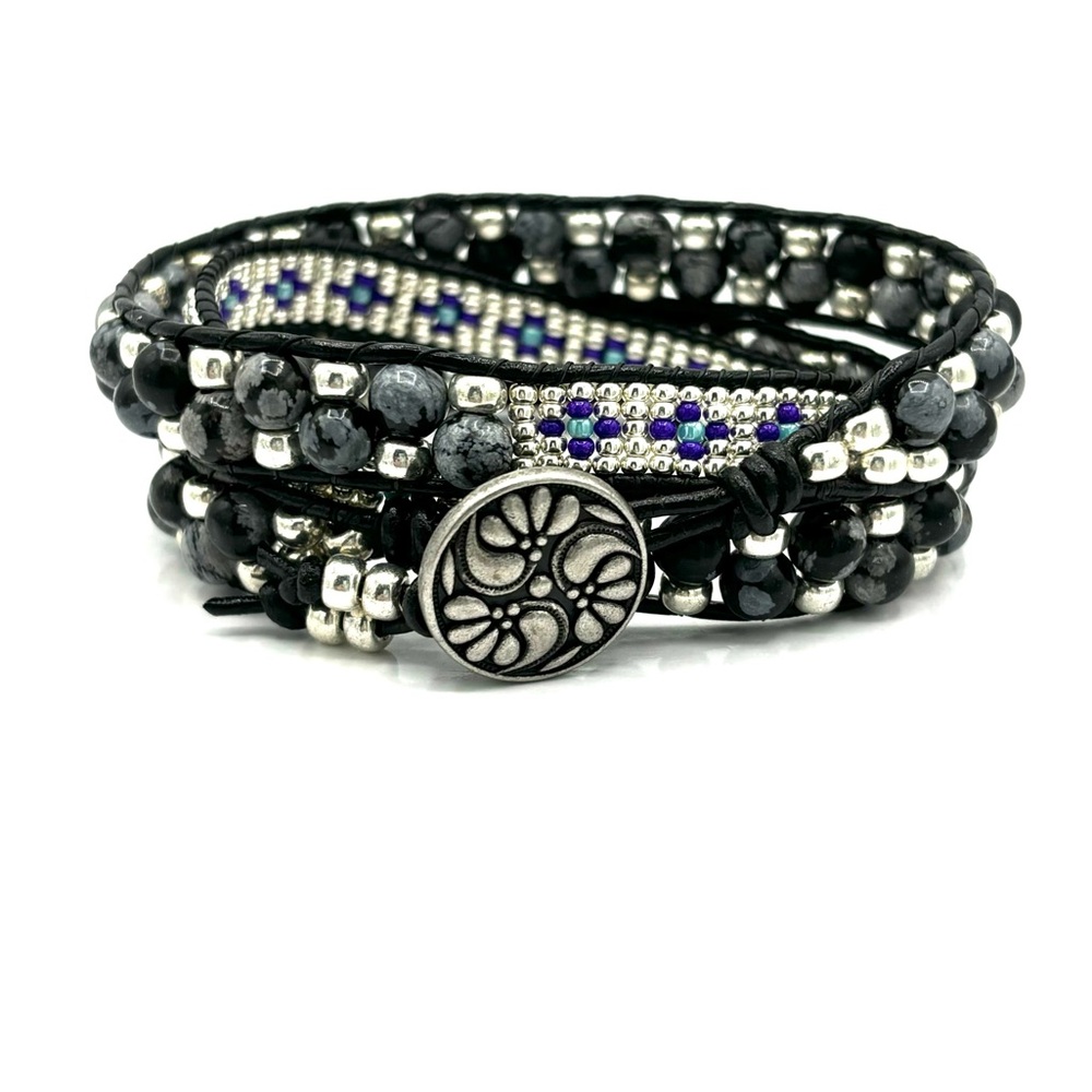 HAND CRAFTED Black Leather Wrap Bracelet with Seed Beads